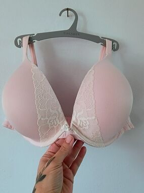Cacique Boost Plunge Bra 46C Blush Pink Lace Padded Underwire Plus Size